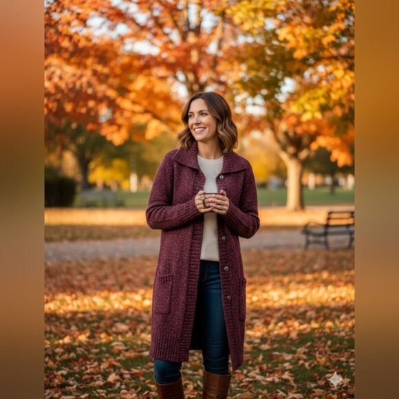 Coldwater Creek Burgundy Knit Cardigan X-Long Crochet Style XL - Picture 8 of 9